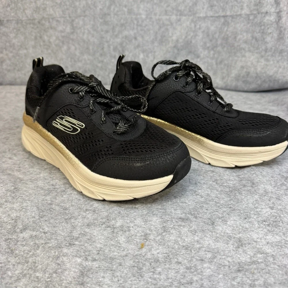 Skechers DLux Walker Relaxed Fit Black Gold Glitter Sneakers Womens 149358
